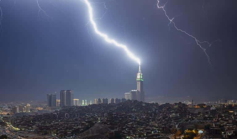 Lightning Strikes Clock Tower in Makkah